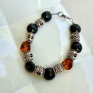 Handcrafted Black, Antique Silver & Amber Colored Men or Women's Beaded Bracelet
